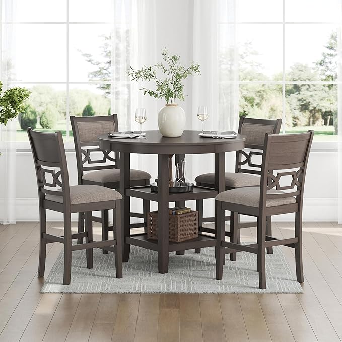 Signature Design by Ashley Wrenning Classic Upholstered Counter Height Dining Table and 4 Bar Stools with Storage, Set of 5, Gray & Light Gray