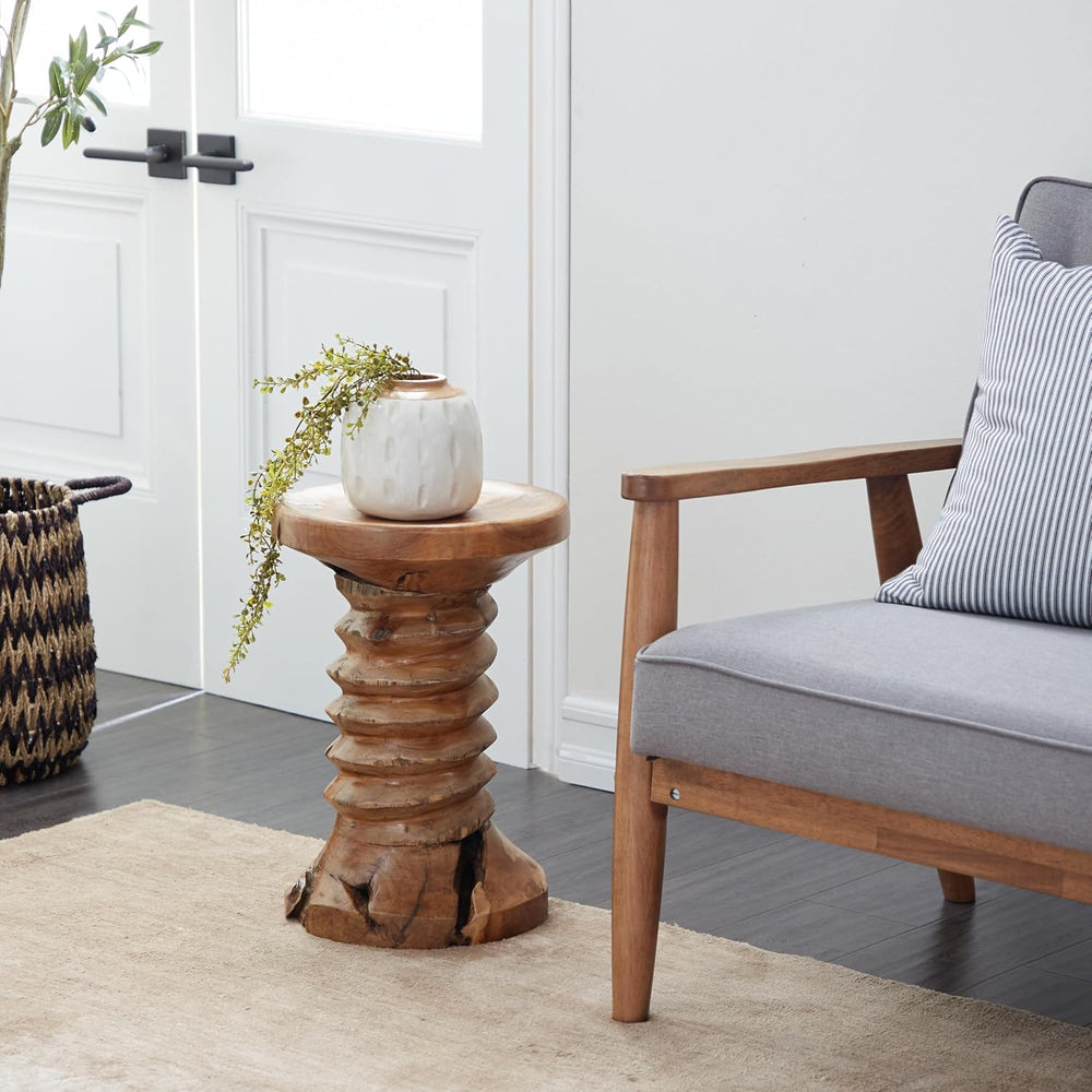 Deco 79 Teak Wood Handmade Live Edge Accent Table with Coiled Base, 13" ...