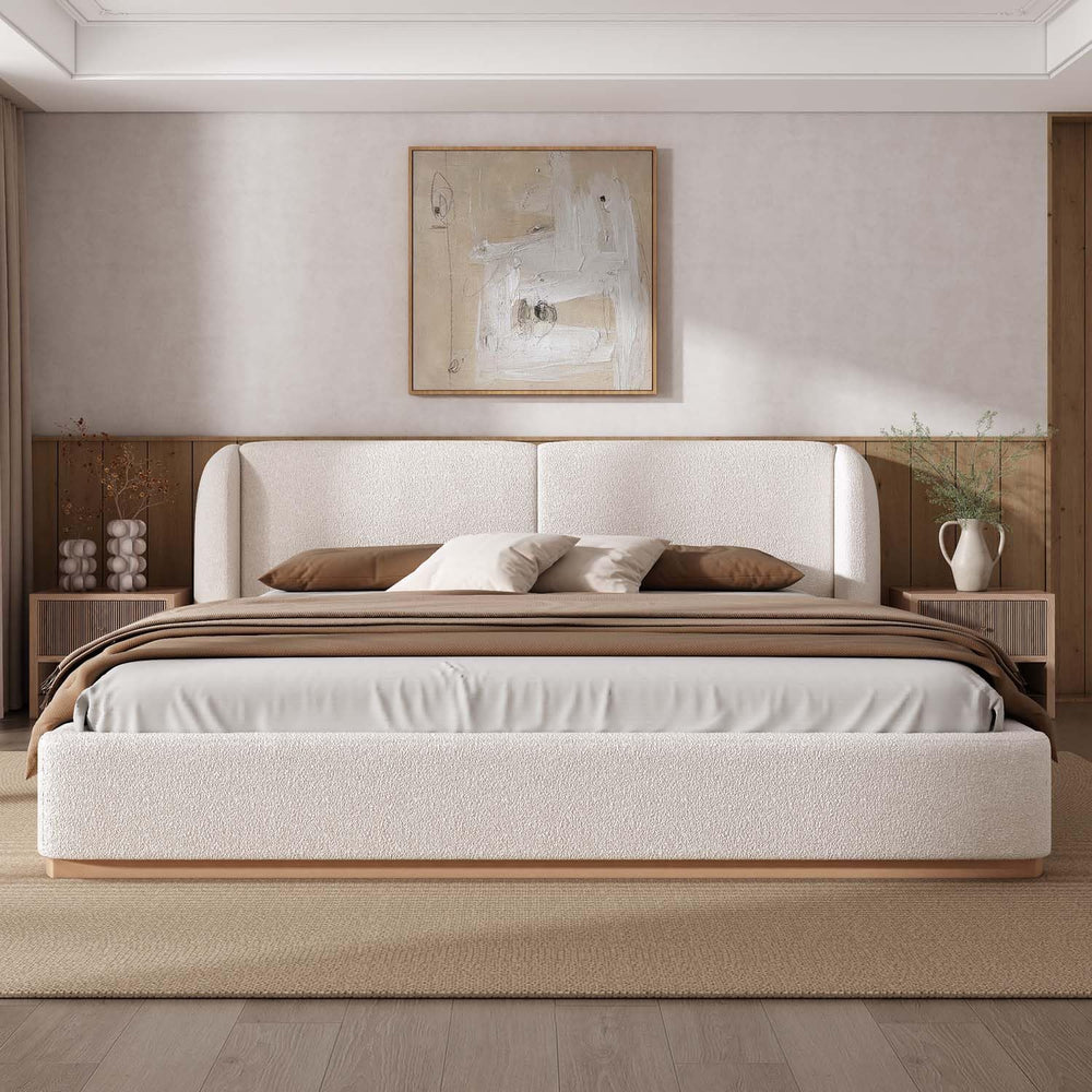 King Size Boucle Bed Frame, Soft Cloud Bed Frame with Upholstered Wingback He...