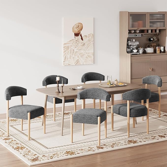 VKNOW Wooden Dining Chairs Set of 6, Modern Upholstered Dining Room Chairs with Rubberwood Legs and Curved Backrest, Fabric Kitchen Chairs for Farmhouse/Living Room/Dining Room, Black