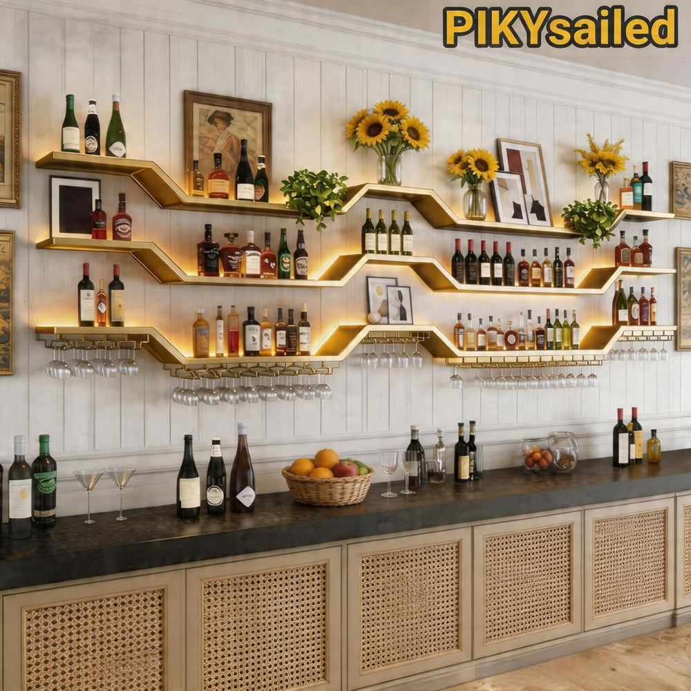 47.2" Wall Mounted LED Wine Rack, 3-Tier Floating Bar Shelves, Large Liq...