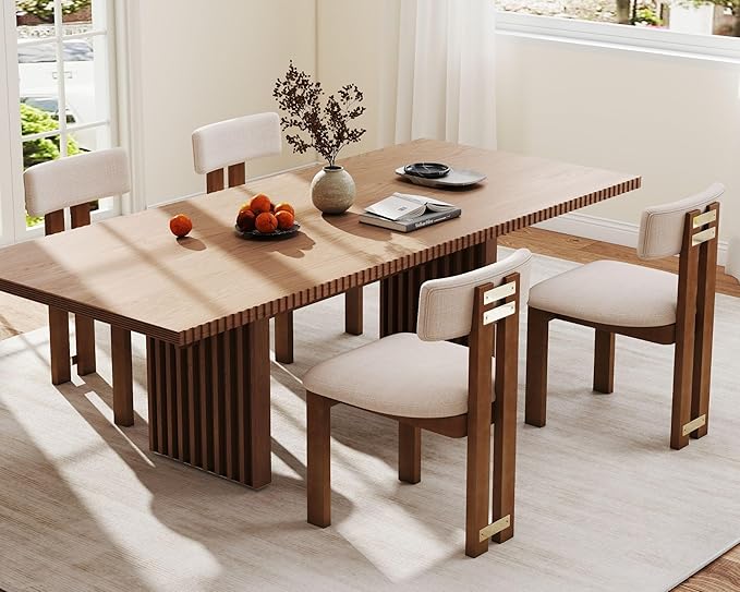 HNY Modern Farmhouse Linen Dining Chairs Set of 2, Beige Fabric Upholstered Dining Room Kitchen Chairs with Natural Wood Frame & Curved-Back, Armless Accent Wood Chairs for Dining Living Room