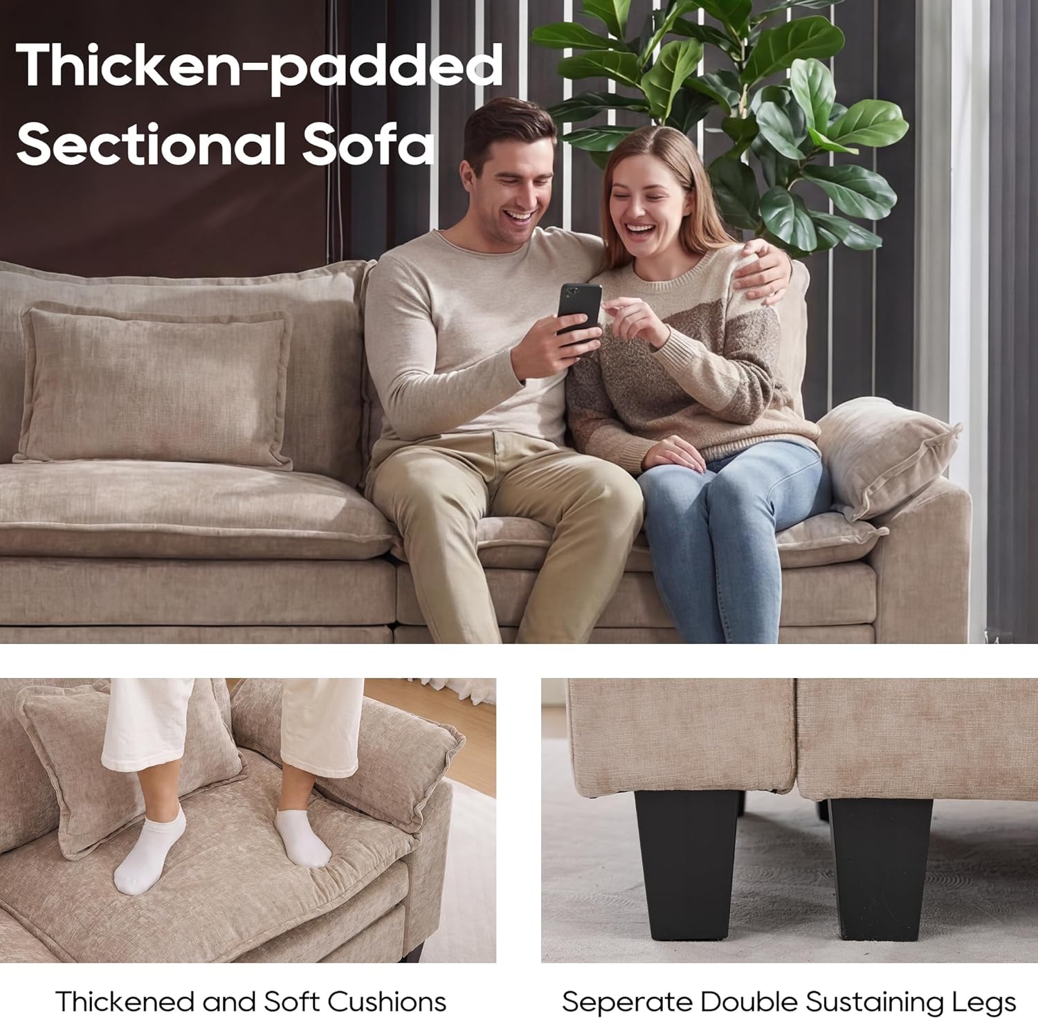 URRED Oversized Modular Sectional Sofa，Khaki：122" U Shaped | Modern Comfy Cloud Couch with Movable Ottoman and Pillow, Deep Seat Couches for Living Room, Bedroom or Apartment