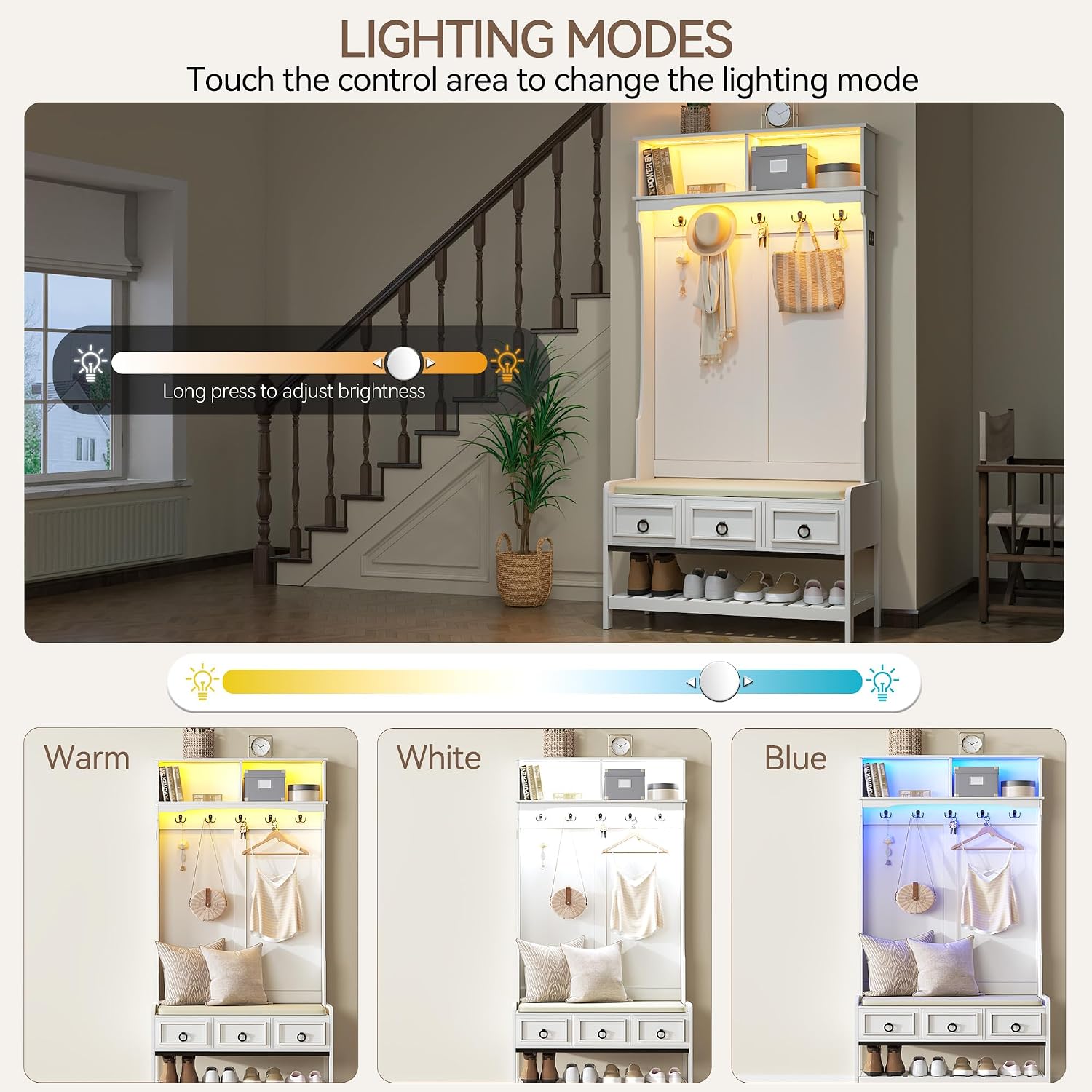 Gurexl 67” Farmhouse Hall Tree with Shoe Storage, Auto Sensor Wood Coat Tree with LED Lights, 3-in-1 Entryway Bench with Coat Rack, Hooks and Drawers for Hallway, Living Room, Bedroom (White)