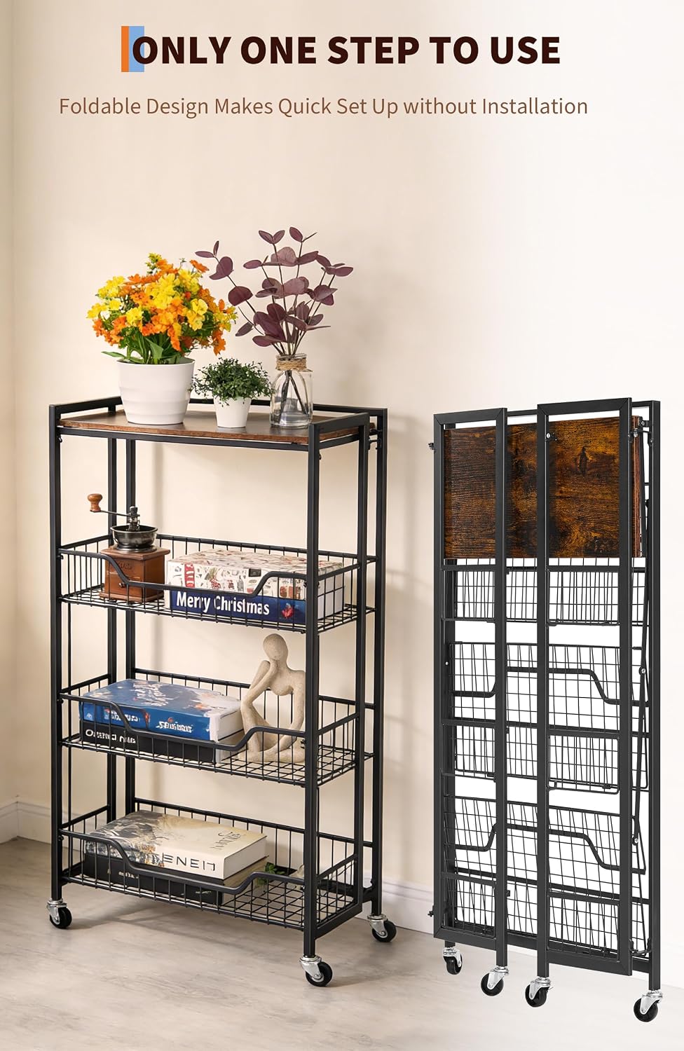 Garvee Large 4-Tier Foldable Storage Cart with Lockable Caster - 100Lbs Loadi...