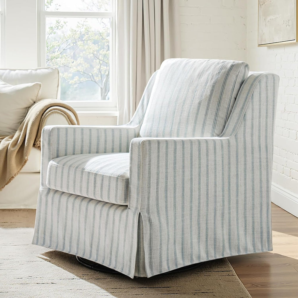 HULALA HOME Farmhouse Swivel Rocker Chair with Washable Slipcover, Blue | Swivel Rocking Accent Chair with Down Filled Cushions, Striped Fabric Upholstered Barrel Armchair for Living Room Bedroom