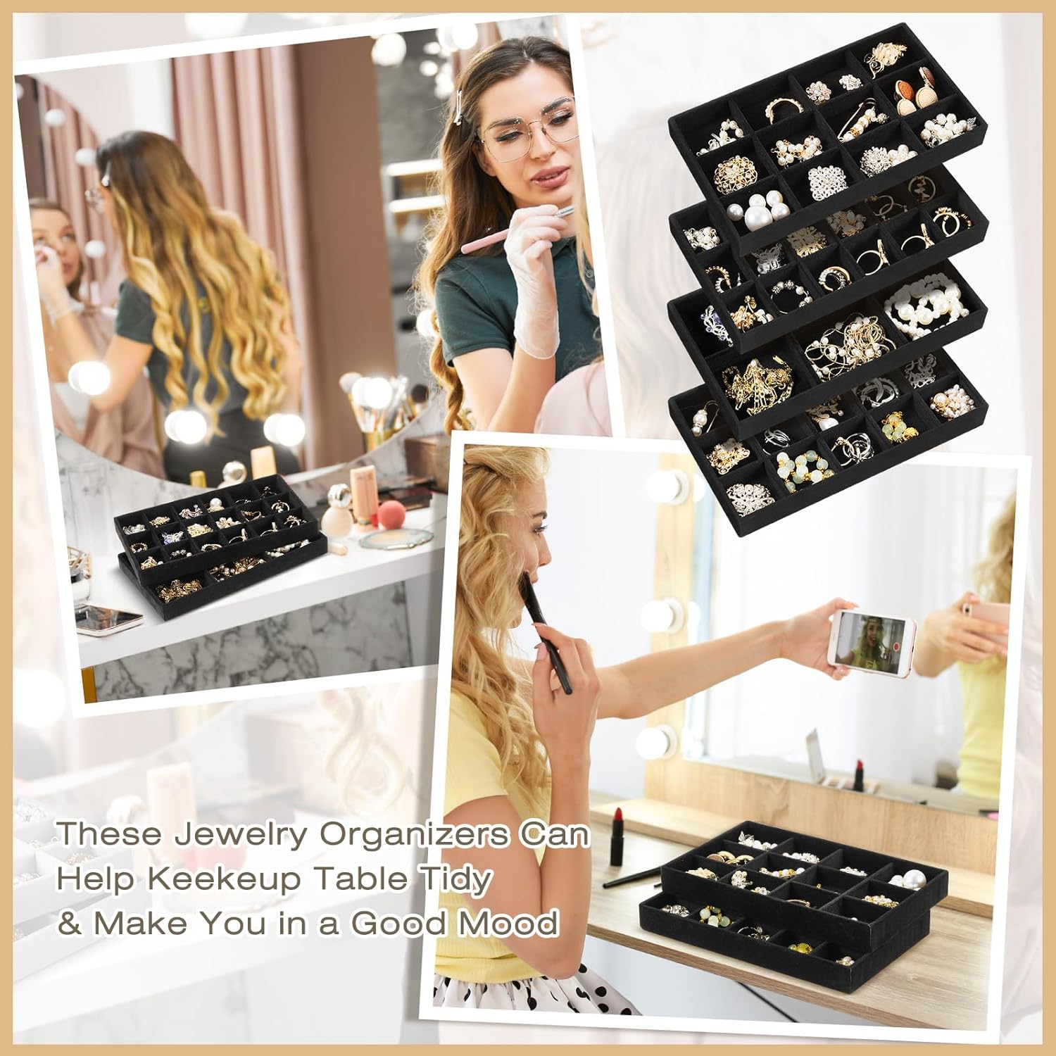 Junkin 12 Pcs Jewelry Tray Velvet Stackable Jewelry Organizer Trays Divided Earring Accessories Storage Containers Box (Rose Red)