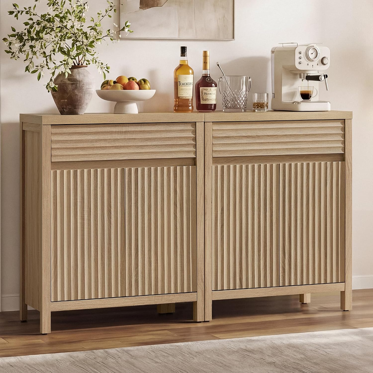 SICOTAS 29" Fluted Buffet Cabinet with Drawer, Modern Storage Cabinet | Elegant Fluted Design, Handle-Free, Adjustable Shelf, 1.38" Thick Panels, Living Room, Kitchen & Entryway, 1 PCS, Light Oak