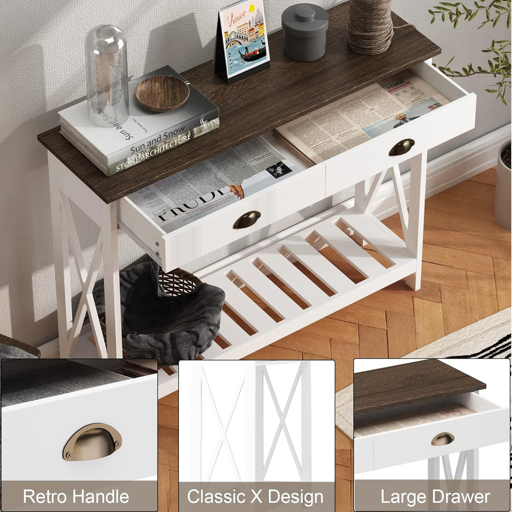 ChooChoo Farmhouse Console Table with Drawer for Entryway, Narrow Long Entry Table with Shelf for Living Room, Rustic Vintage Hallway Sofa Table with Stable X Supports, 40 White