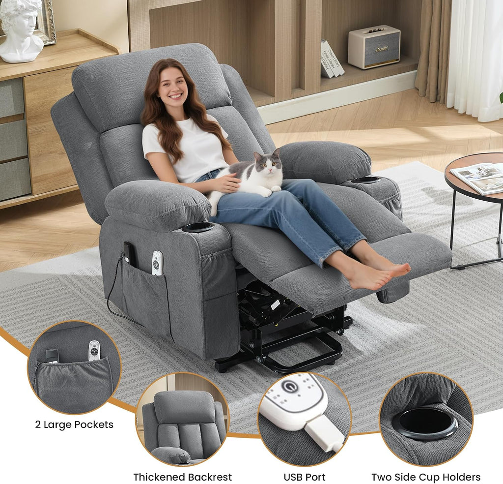 Power Lift Recliner Chair with Heat and Massage | Electric Recliner Sofa, Side Pocket & USB Charge Port, Grey Recliner Chairs for Adults, Easy Remote Control