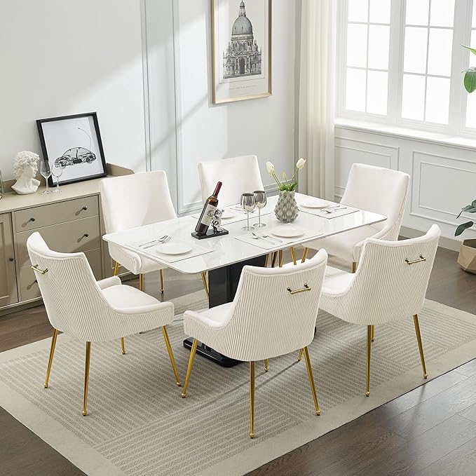 Velvet Dining Chairs Set of 4 Gold Legs,Upholstered Velvet Accent Chairs, Pleated Back Design & Gold Pull Handle, Mid Century Modern Chairs for Dining/Kitchen/Living Room,Beige