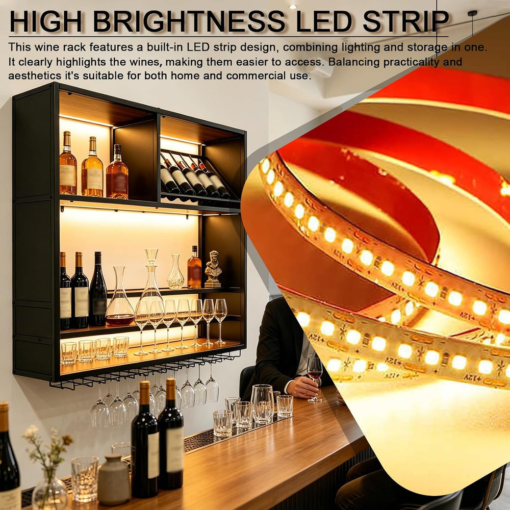 55in Large Wall Mounted Wine Rack with LED Light, 4 Tier Iron Liquor Bottle D...