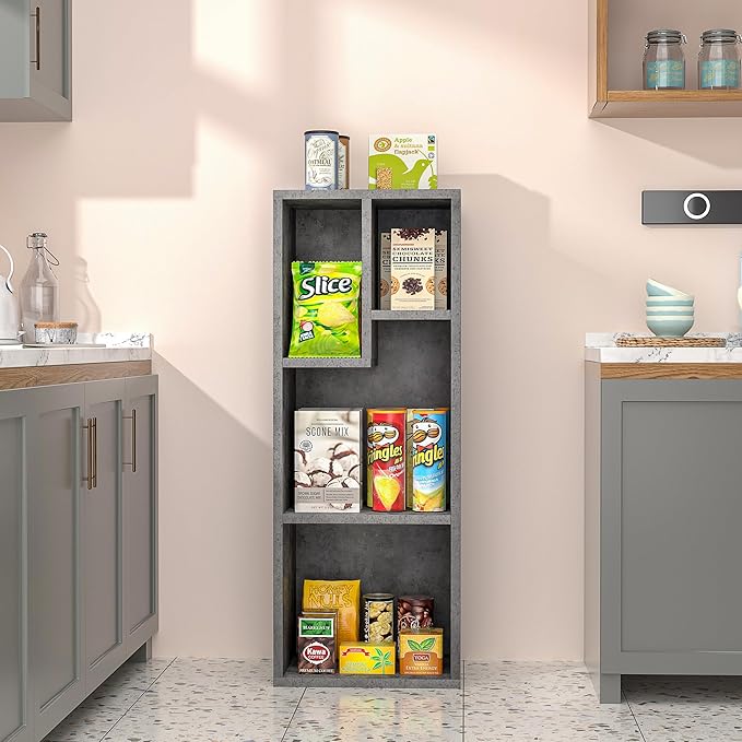 VECELO Small Bookshelf, 4 Cube Slim Bookcase, Fits Tallest Hardcovers, Horizontal Available, Modern Floor Standing Unit, Each Shelf Hold Up to 66 LBS, Modern Gray