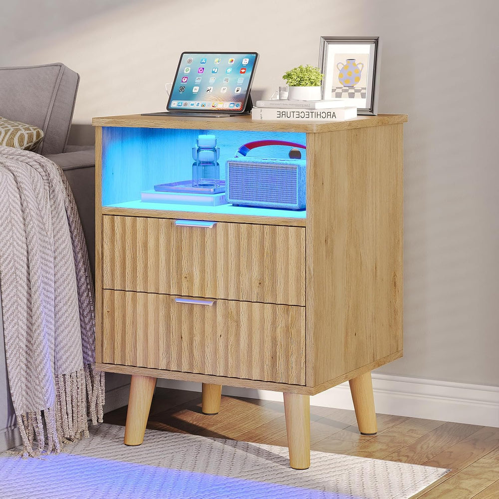 VIAGDO Fluted Nightstand with Charging Station and LED Lights, Modern Night S...