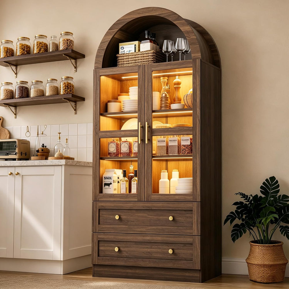 71" Tall Arched Kitchen Pantry Cabinet with LED Light, Modern Farmhouse ...