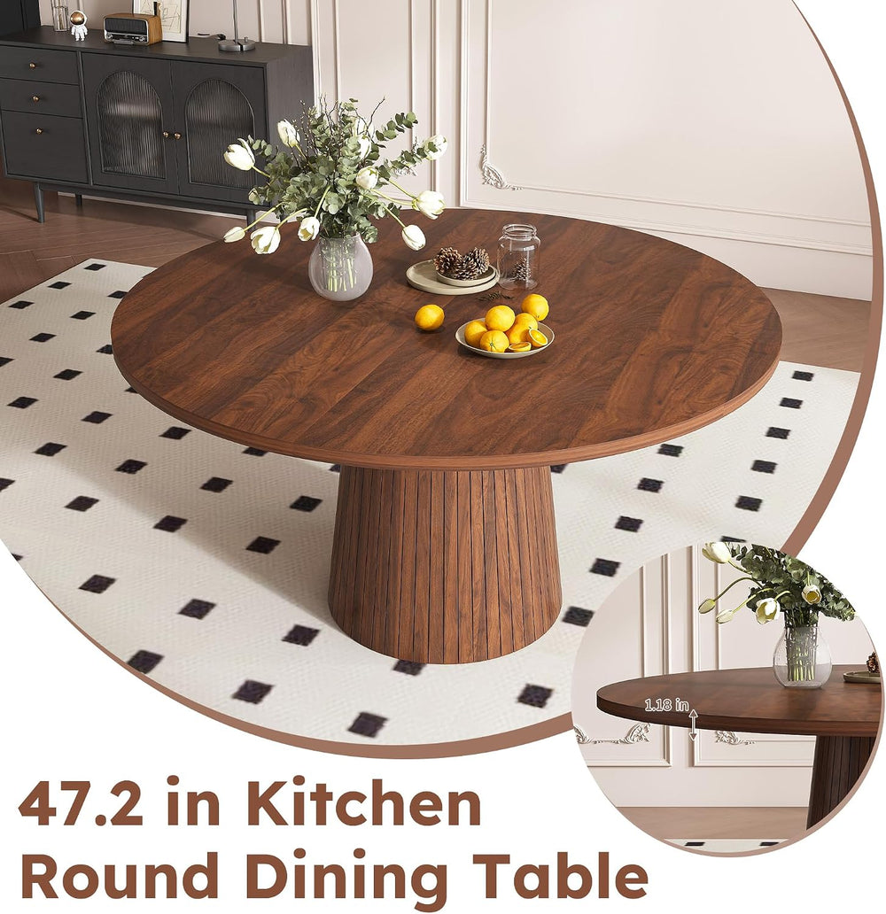 Round Dining Room Table, Farmhouse Kitchen Table with Wood Strip Base, 47.2“ ...