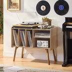 Lerliuo Record Player Stand with 4 Cabinet Holds Up to 220 Albums,Oak | Large Turntable Stand with Wood Legs, Mid-Century Record Player Table,Vinyl Holder Storage for Bedroom Living Room