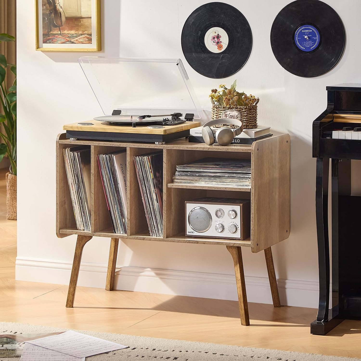 Lerliuo Record Player Stand with 4 Cabinet Holds Up to 220 Albums,Oak | Large Turntable Stand with Wood Legs, Mid-Century Record Player Table,Vinyl Holder Storage for Bedroom Living Room