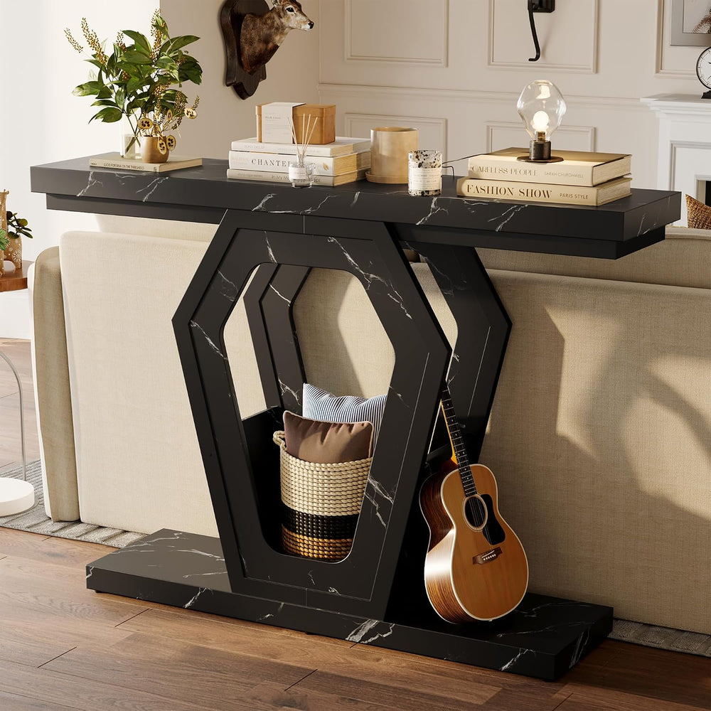 FUSUNBAO 47" Black Marble Console Table,Narrow Wood Sofa Table for Hallw...