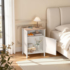 Nightstands Set of 2 with Charging Station, Farmhouse Night Stand with Open Shelf, Bedside Tables with Enclosed Cabinet, Wooden End Table with USB Ports & Outlets for Bedroom