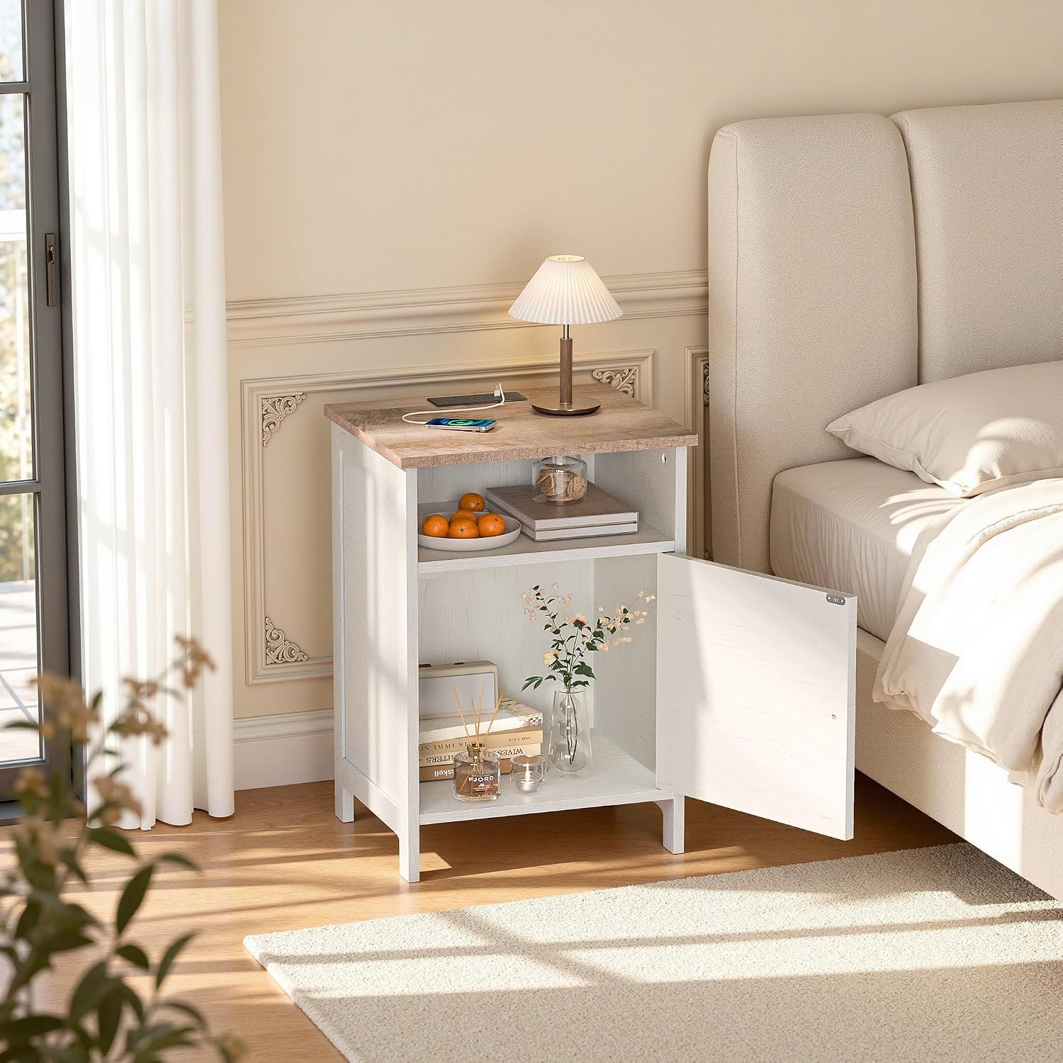 Nightstands Set of 2 with Charging Station, Farmhouse Night Stand with Open Shelf, Bedside Tables with Enclosed Cabinet, Wooden End Table with USB Ports & Outlets for Bedroom
