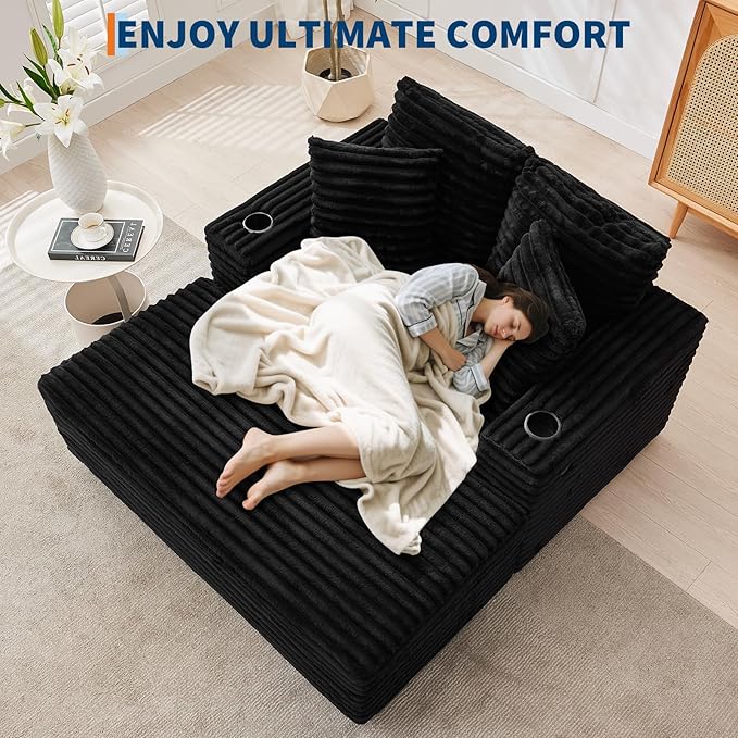 GarveeHome Oversized Chaise Lounge Chair Indoor, 56x60 Inch Comfortable Corduroy Lounge Sofa with Charging Ports & Cup Holders, Cozy Reading Couch for Bedroom Living Room Apartment, Black