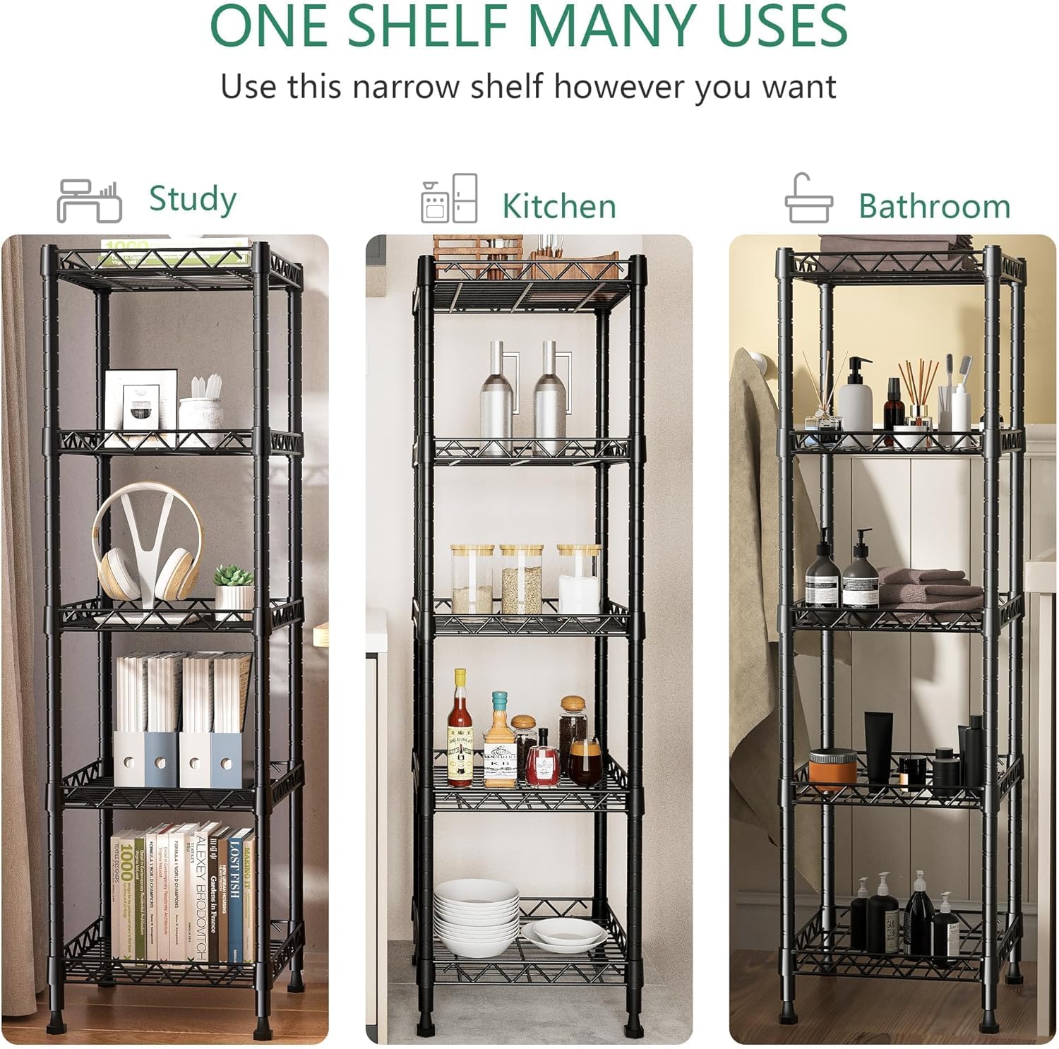 GIOTORENT 5 Tier Standing Shelving Metal Units, Adjustable Height Wire Shelf Display Rack for Laundry Bathroom Kitchen 11.8 W x 11.8 D x 50 H (5-Tier, Black)