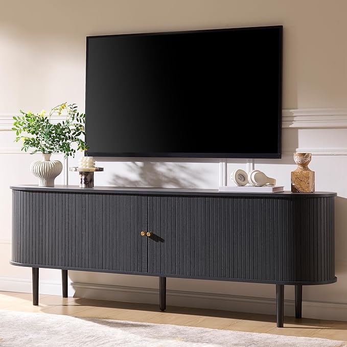 AMERLIFE 70" Mid-Century Modern TV Stand, TV Console Table for TVs up to 80 Inch, Fluted Wood Media Console with Storage, Solid Wood Legs, Embossed Black