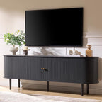 AMERLIFE 70" Mid-Century Modern TV Stand, TV Console Table for TVs up to 80 Inch, Fluted Wood Media Console with Storage, Solid Wood Legs, Embossed Black