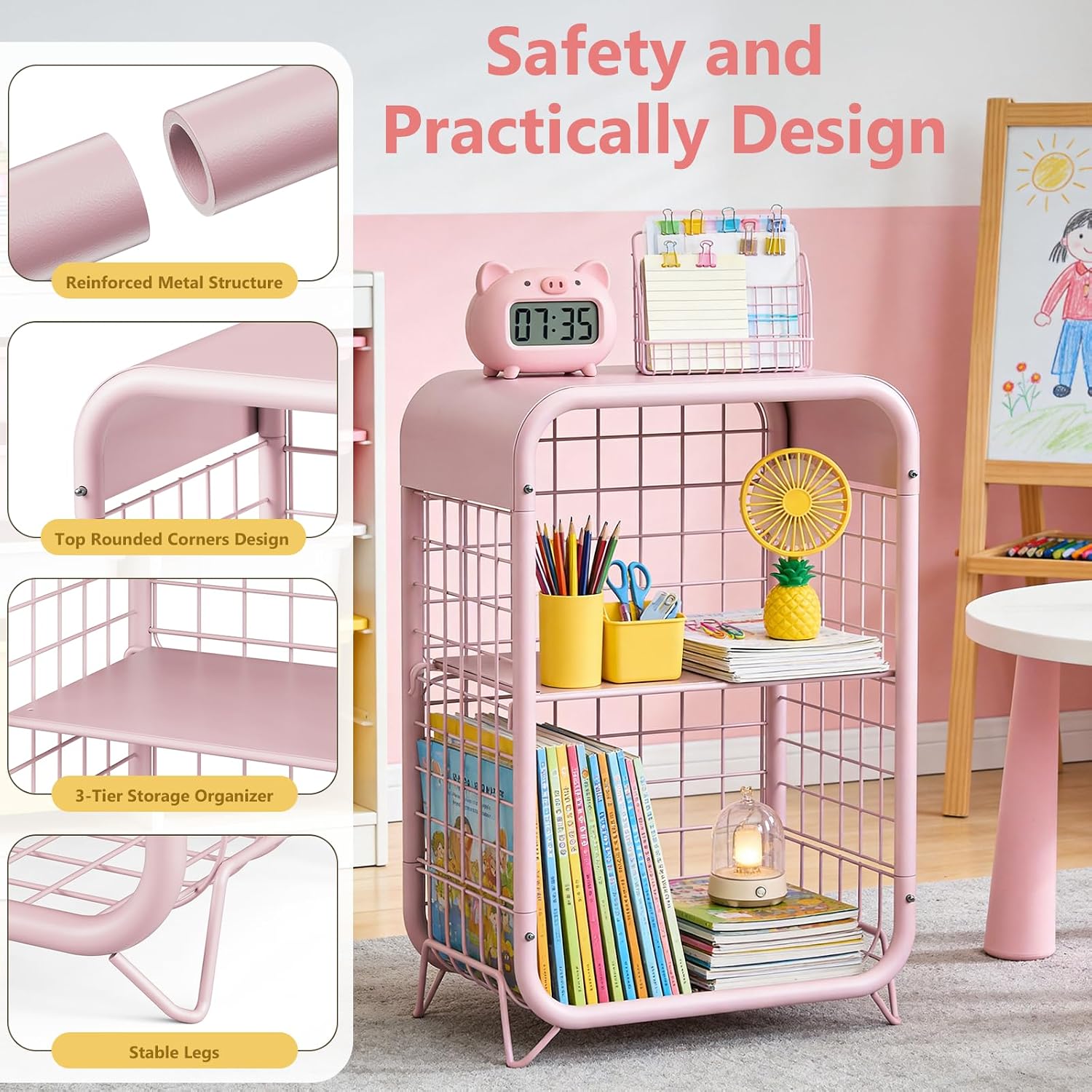 3-Tier Pink Metal End Table, Narrow Nightstand for Small Bedroom, Compact Side Table with Storage Shelves, Modern Bedside Organizer for Living Room, Pink Decor