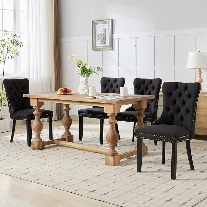Modern Dining Chairs Set of 4, Tufted Upholstered Dining Chairs with Solid Wood Legs, Black Linen Fabric Kitchen Chair, Sillas de Comedor, Comfy Kitchen Chair (Black, Linen, 4Pcs)