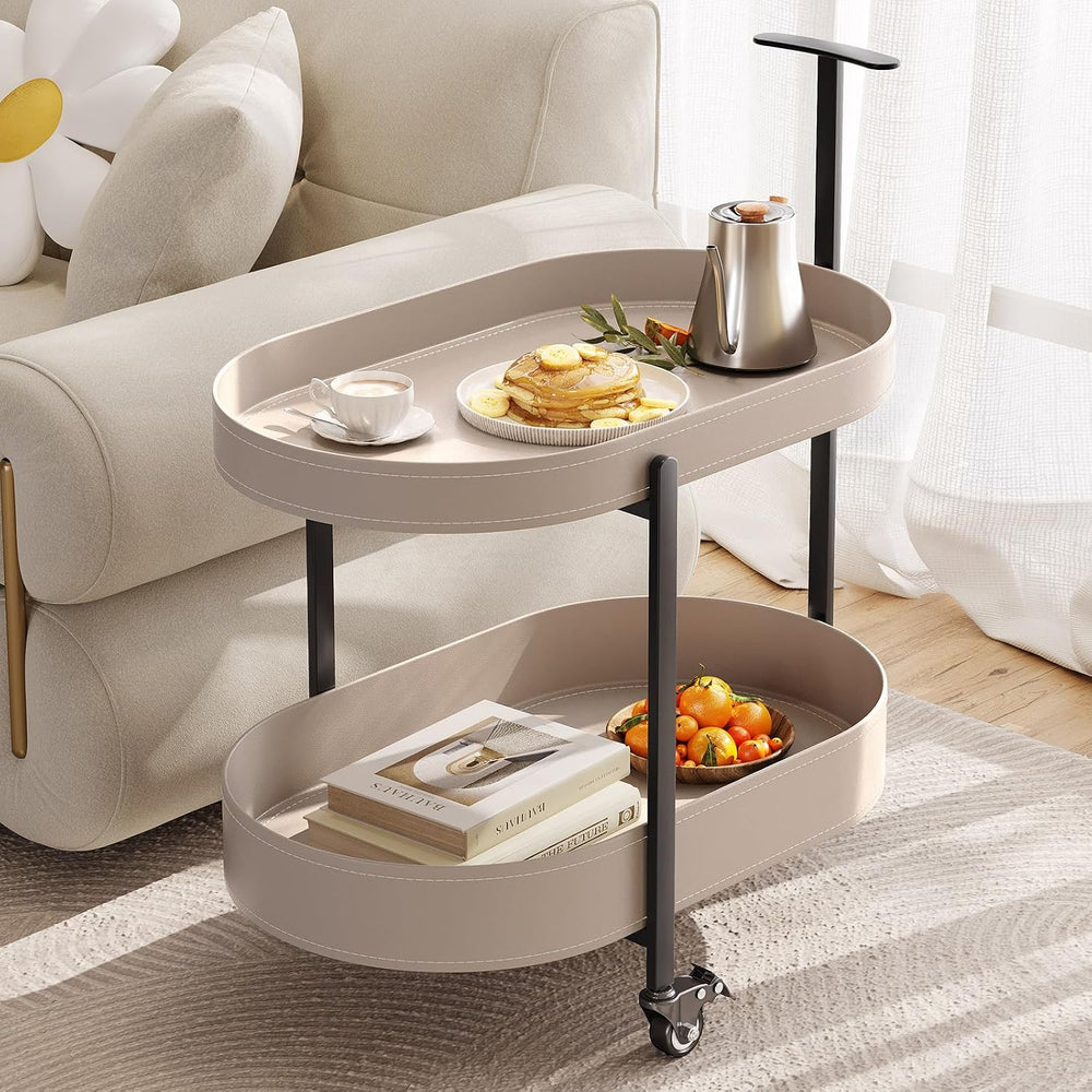 Oval End Table with Storage Shelves, 2-Tier PU Leather Tray Side Table with W...