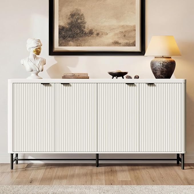 65" Buffet Cabinet with Storage, Fluted Credenza Sideboard with 4 Doors & Adjustable Shelves, Large Coffee Bar Console Table for Dining Room, Living Room, Entryway, White