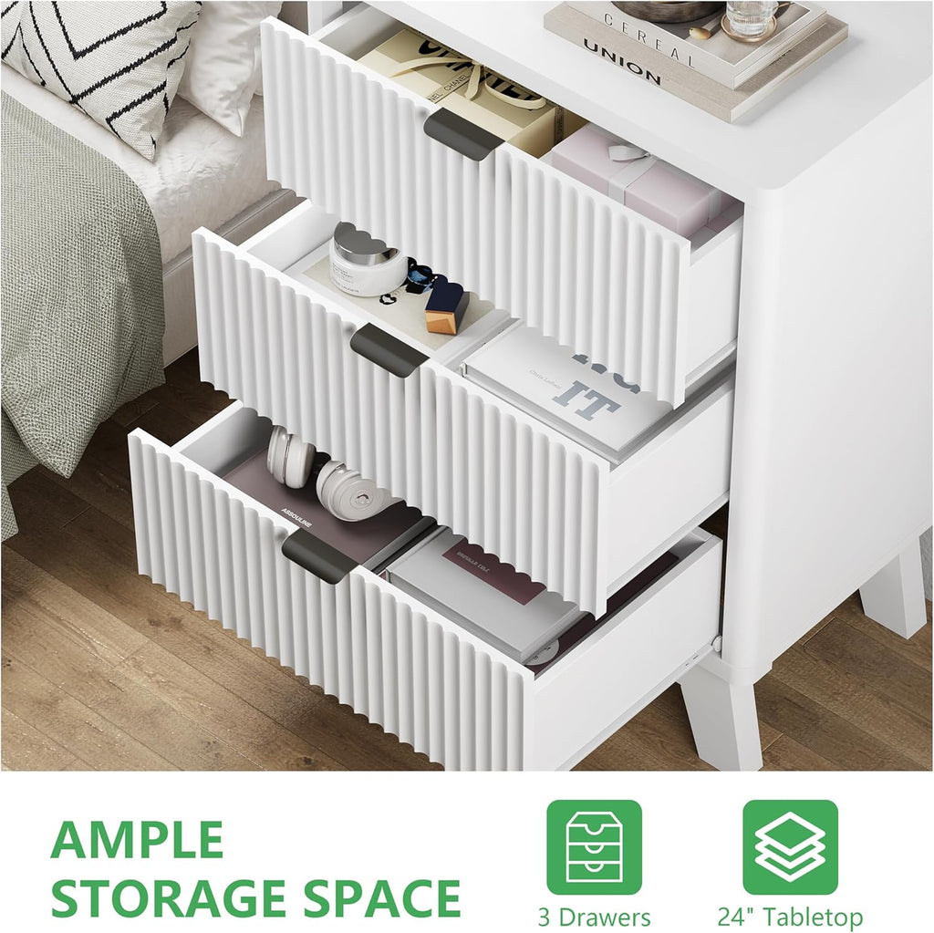 Fluted Nightstand with 3 Storage Drawers, 24" Wide Wood Bedside Table with Mental Handle, Mid Century Modern Wooden Side Table Night Stand, Curved End Table for Bedroom, Living Room, White