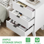 Fluted Nightstand with 3 Storage Drawers, 24" Wide Wood Bedside Table with Mental Handle, Mid Century Modern Wooden Side Table Night Stand, Curved End Table for Bedroom, Living Room, White