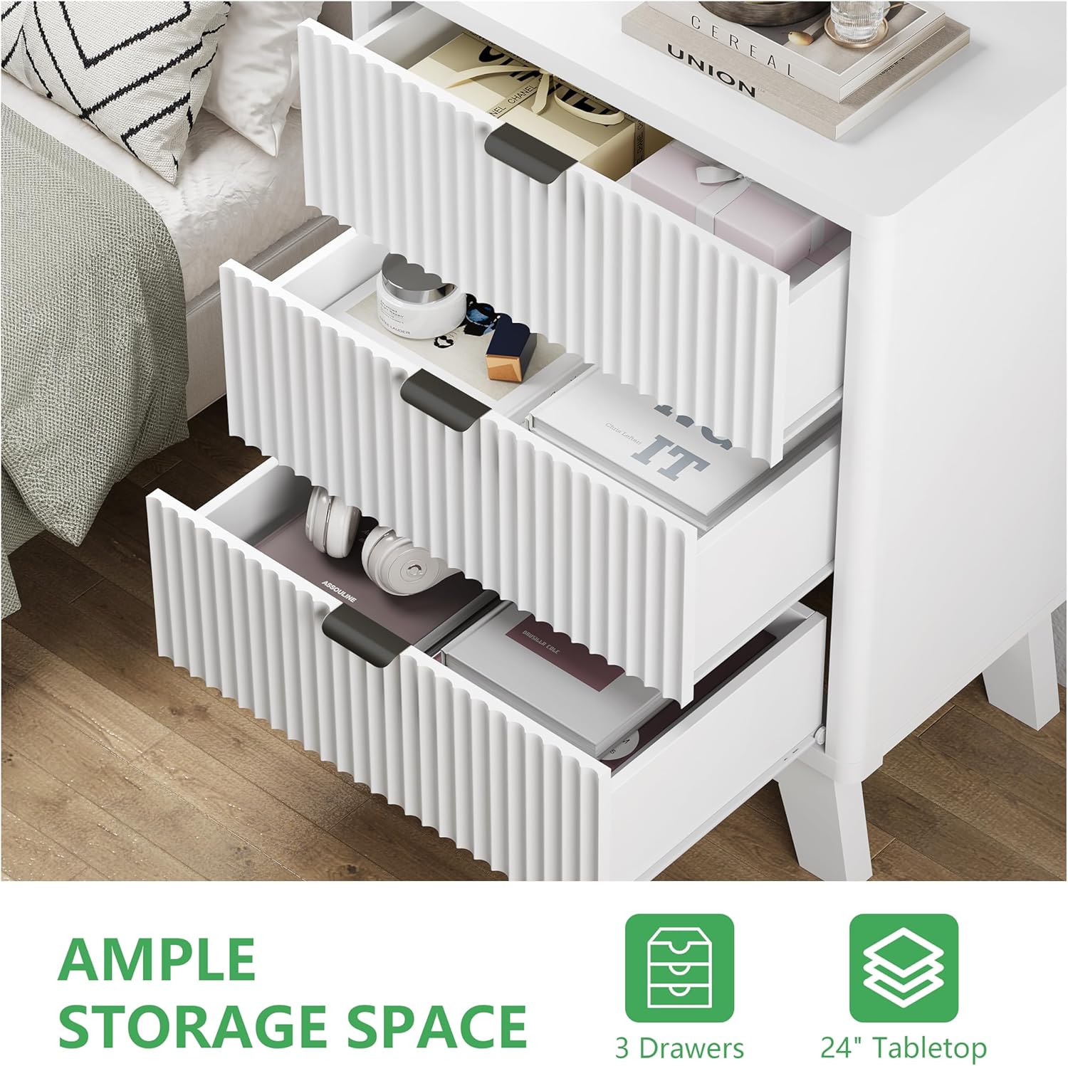Fluted Nightstand with 3 Storage Drawers, 24" Wide Wood Bedside Table with Mental Handle, Mid Century Modern Wooden Side Table Night Stand, Curved End Table for Bedroom, Living Room, White