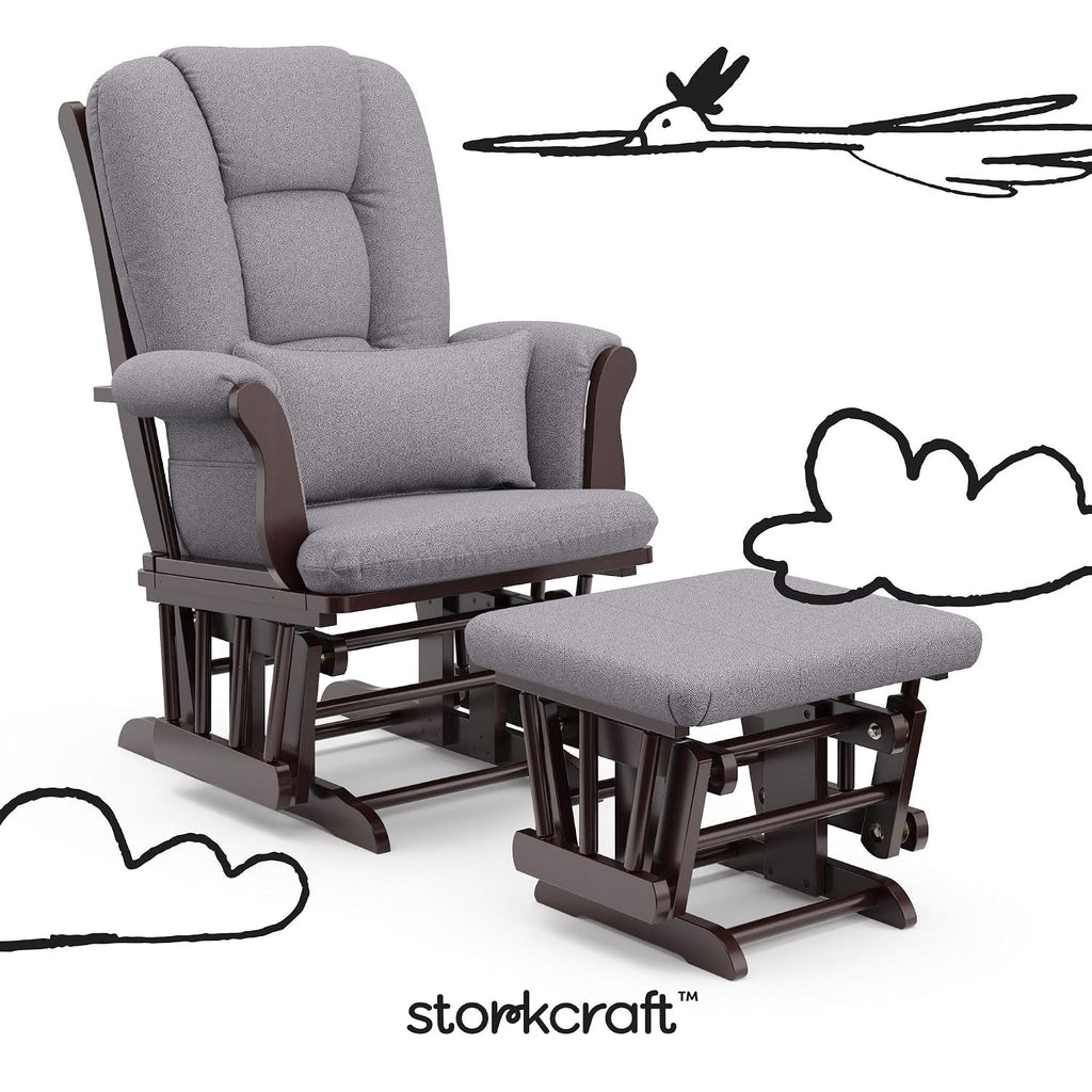 Storkcraft Tuscany Custom Glider and Ottoman with Free Lumbar Pillow (Espresso/Slate Gray Swirl) - Cleanable Upholstered Comfort Rocking Nursery Chair with Ottoman