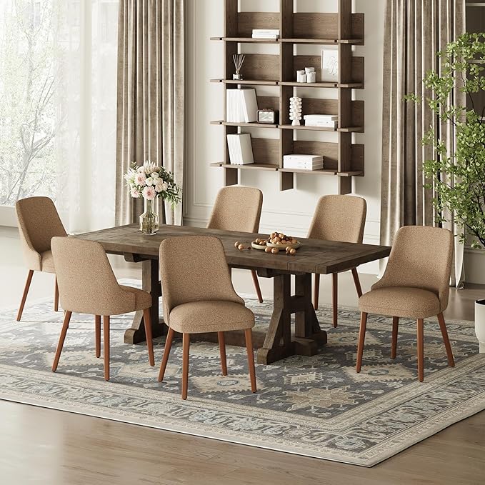 Dining Chairs Set of 6, Upholstered Dining Room Chair with Wood Legs, High-Back Padded Kitchen Chairs for Dining Room/Restaurant/Cafe, Camel