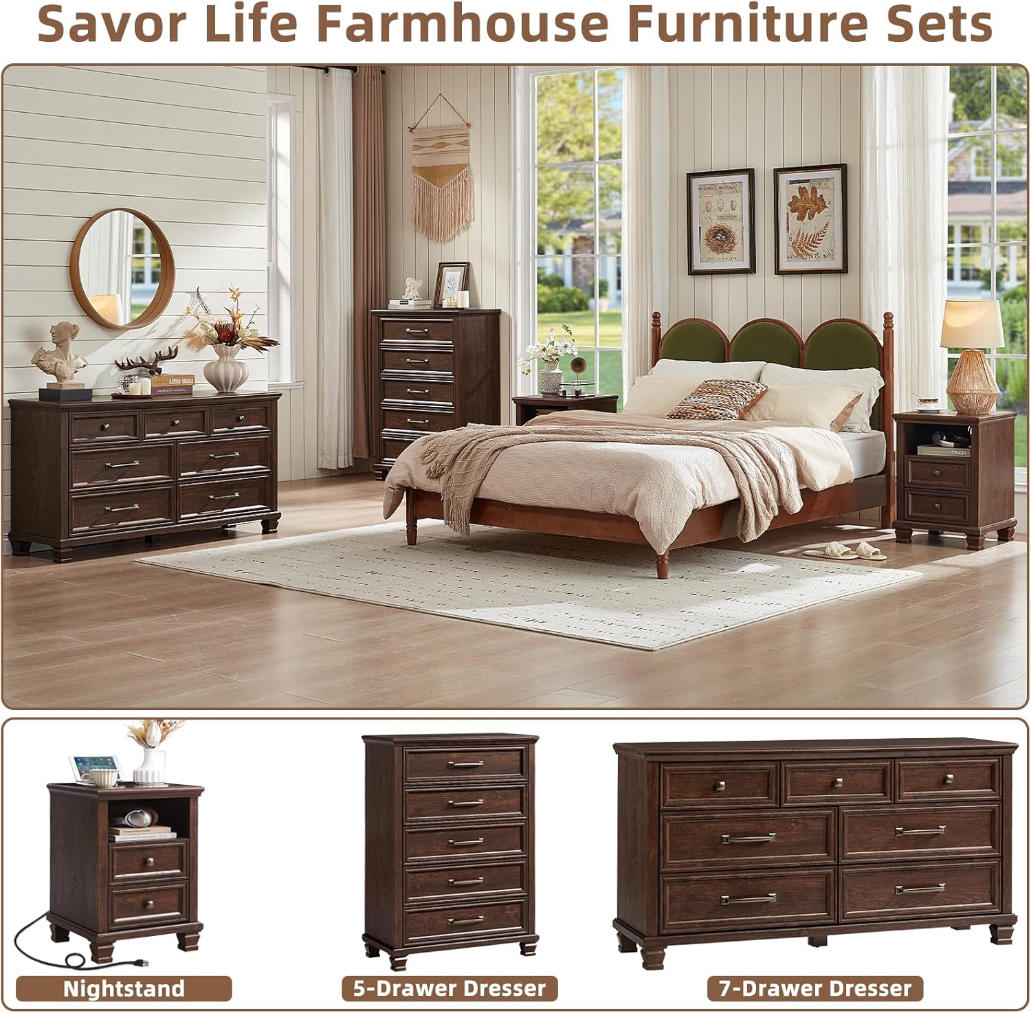 SAVOR LIFE Farmhouse Nightstand with Charging Station, Walnut | End Tables Bedroom with 2 Drawers, Traditional Night Stand with Open Shelf & Thickened Top & Square Wooden Legs