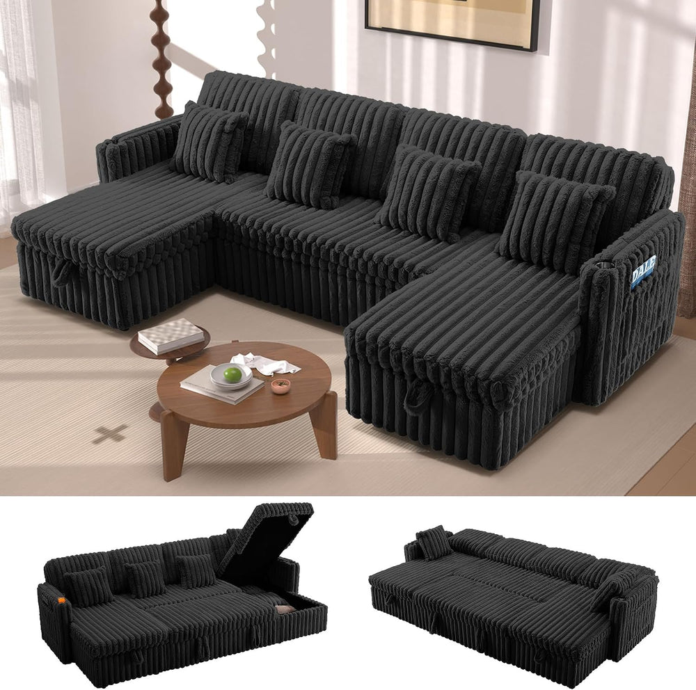 107'' Sectional Sleeper Sofa with Pull Out Bed, Storage Chaise, Adjus...
