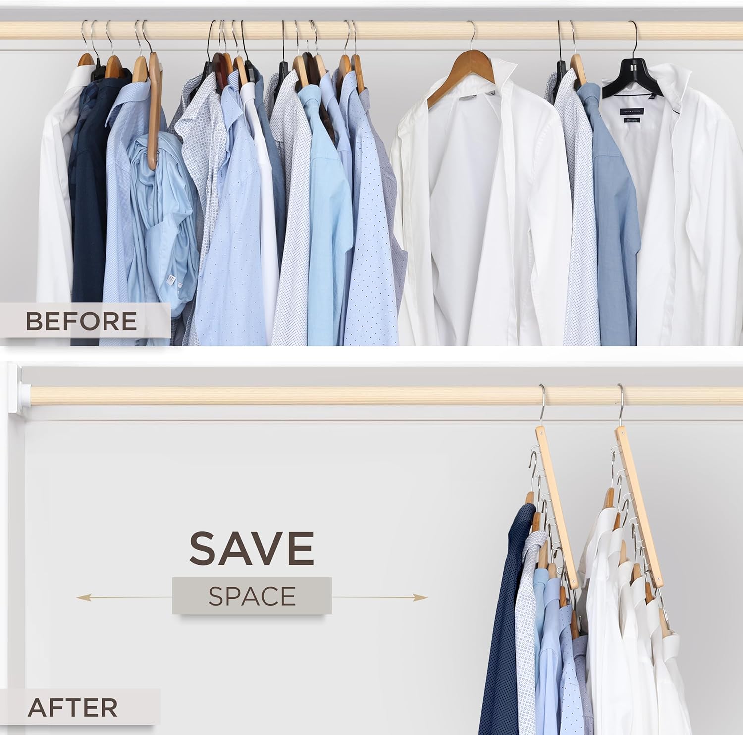 MORALVE Space Saving Hangers for Closet – 4 Pack European Beechwood 6-Tier Shirt Organizer with 360° Swivel Hook – Collapsible Clothes Hanger for Closet Organization (Hangers Not Included)