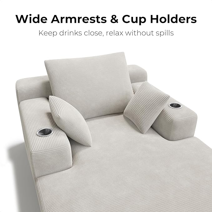 LIKIMIO 71.6" Oversized Chaise Lounge Chair Indoor with Cup Holders & Storage - Corduroy Sofa Bed for Living Room, Reading Nook, or Bedroom, No Assembly Cloud Couch (Greige)
