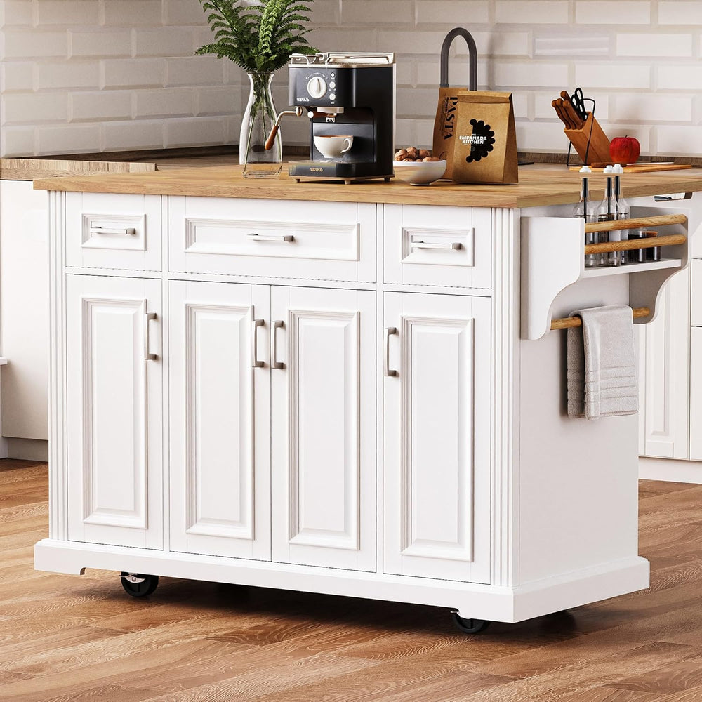 54" Folding Kitchen Island, Embossed Texture&Silver Handle,White | R...