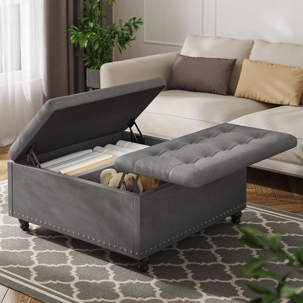 FUXA 35" Large Square Ottoman with Storage and Lift Top, Wood Legs, Gray...