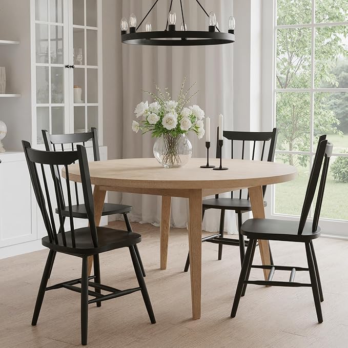 HNY Black Windsor Dining Chairs Set of 2, Farmhouse Wooden Kitchen Chairs with Spindle Back, Mid Century Modern Armless Kitchen Side Chair for Dining Living Room Restaurant