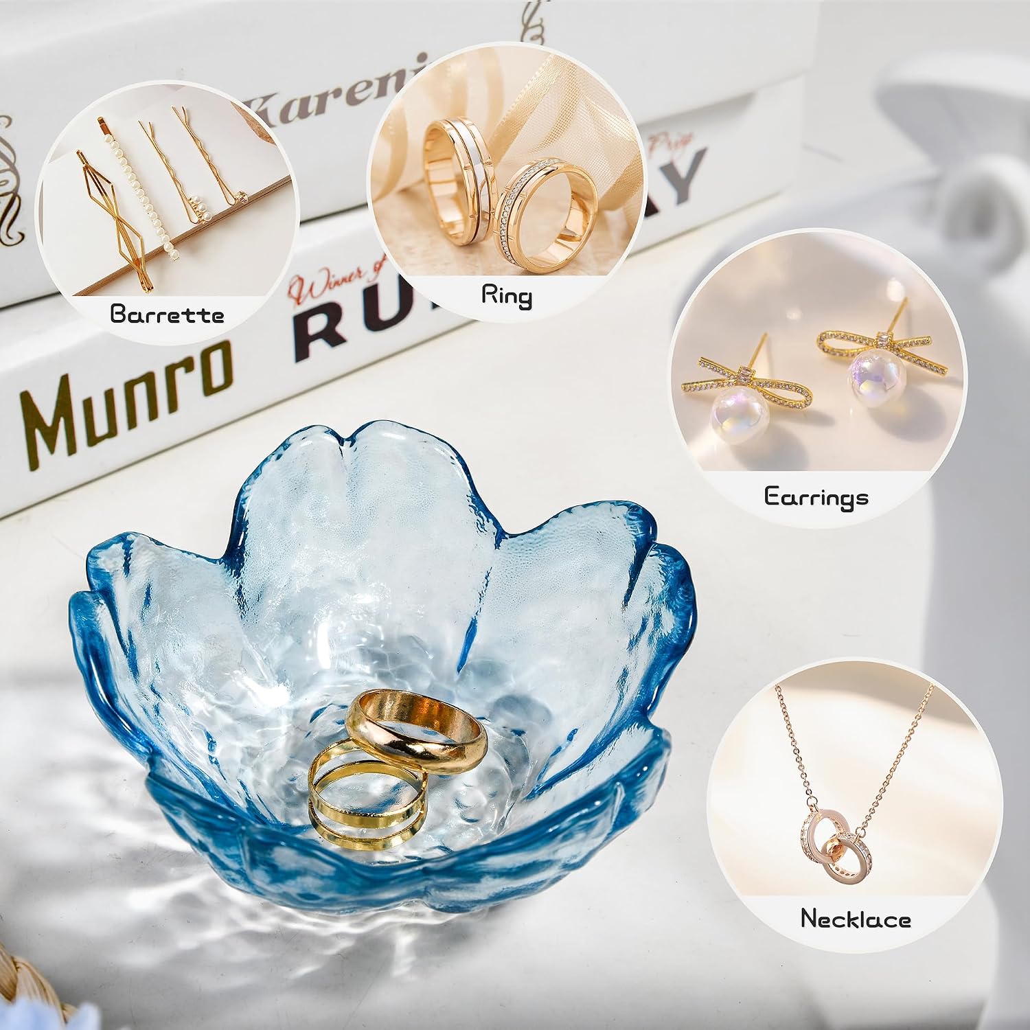 Blue Glass Ring Holder Dish, Cherry Blossom Style Decorative Glass Bowl, Small Jewelry Trinket Key Holder Tray for Women