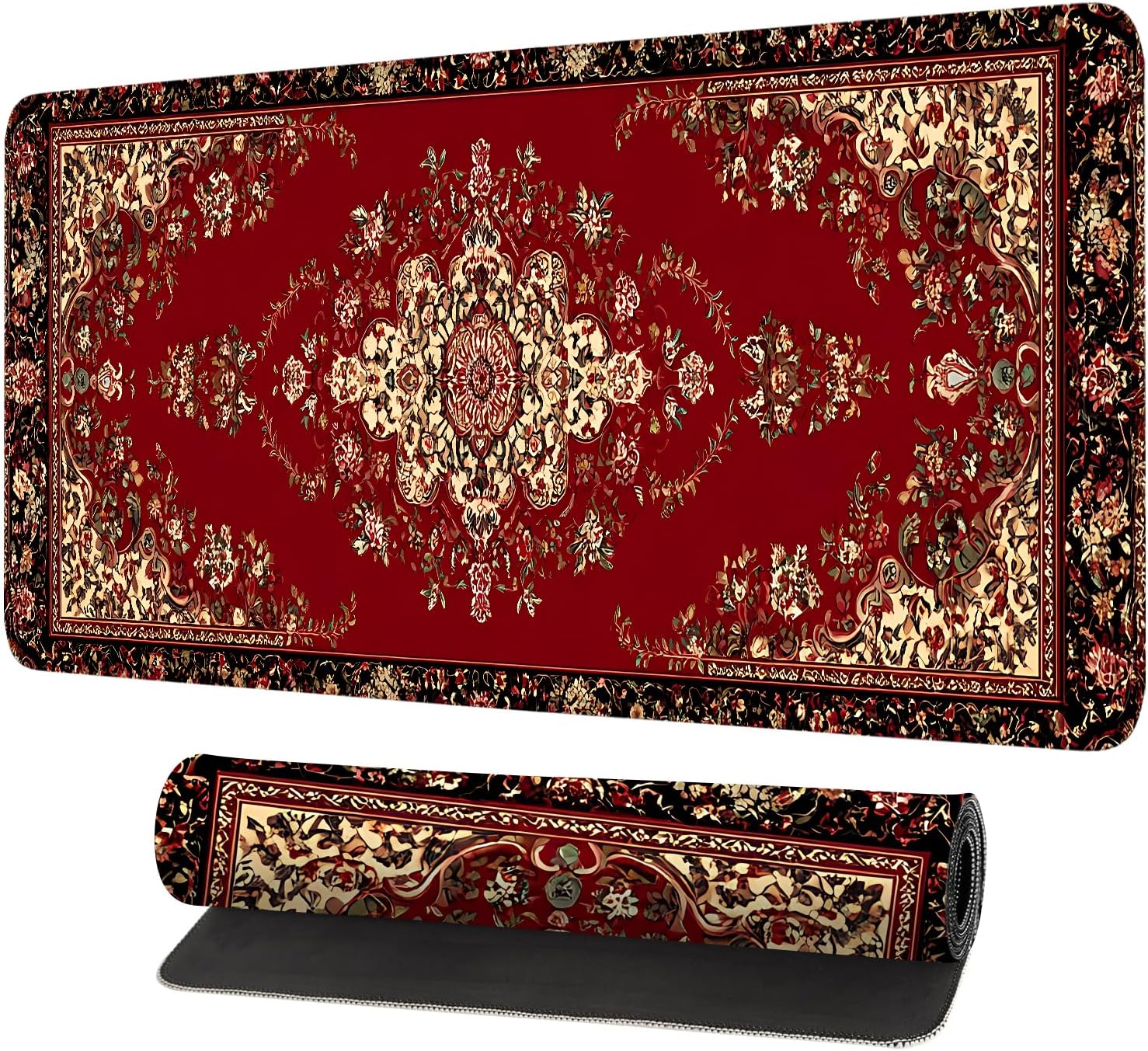 Red Vintage Persian Rug Mouse Pad – Large Extended Desk Mat 31.5 x 11.8 in– Oriental Carpet Design, Non-Slip Rubber Base, Waterproof Surface, Keyboard & Mouse Pad for Office, Gaming, Home