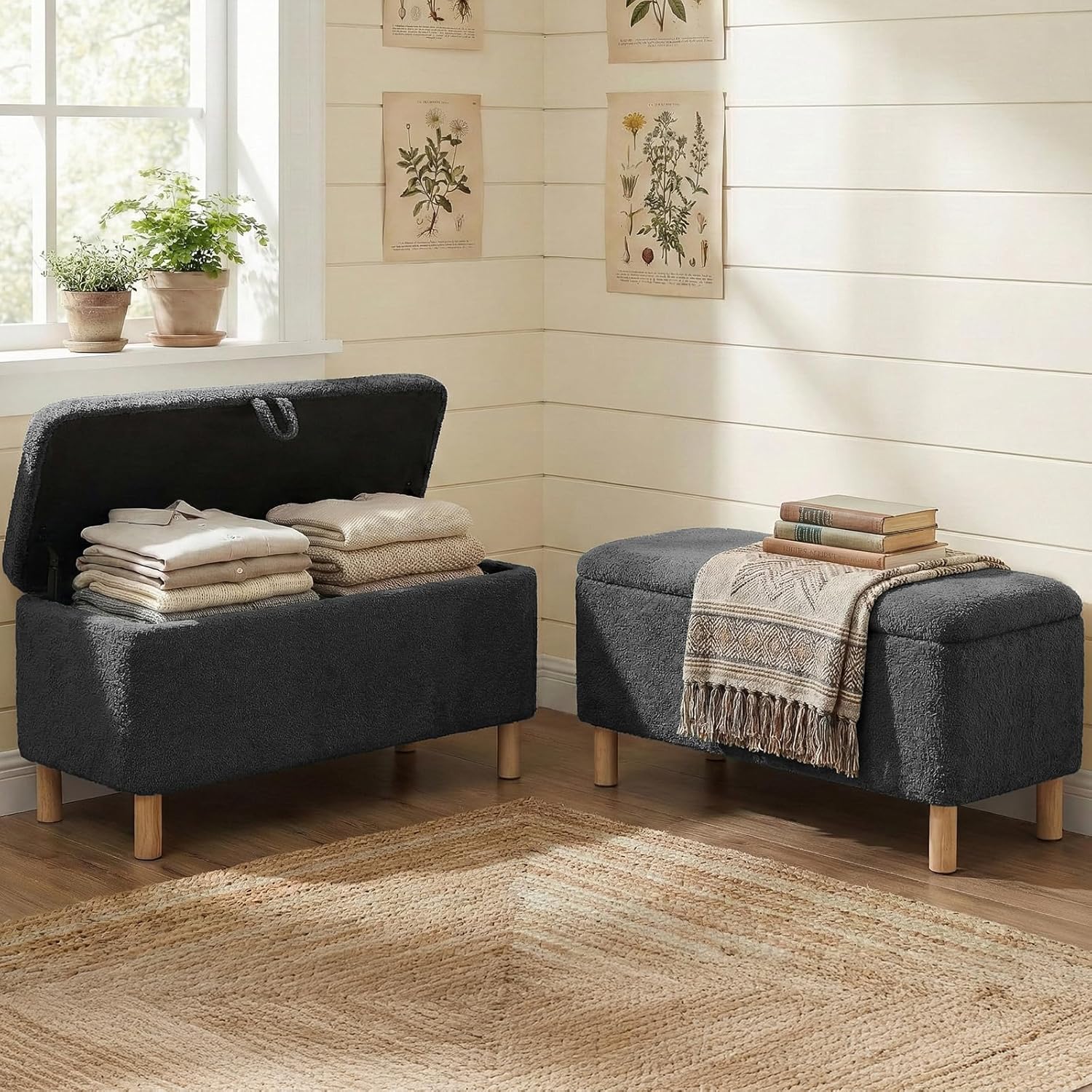 Ottoman with Storage, Storage Ottoman Bench, Entryway Bench with Wood Legs for Living Room, Bedroom, Sitting Area, Dark Grey