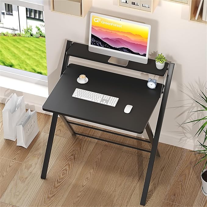 GreenForest No Assembly Folding Desk, 2-Tier Compact Computer Desk with Shelf, Space Saving Foldable Table for Home Office, Dorm or Apartment, Portable Collapsible Sturdy Laptop Desk, Black