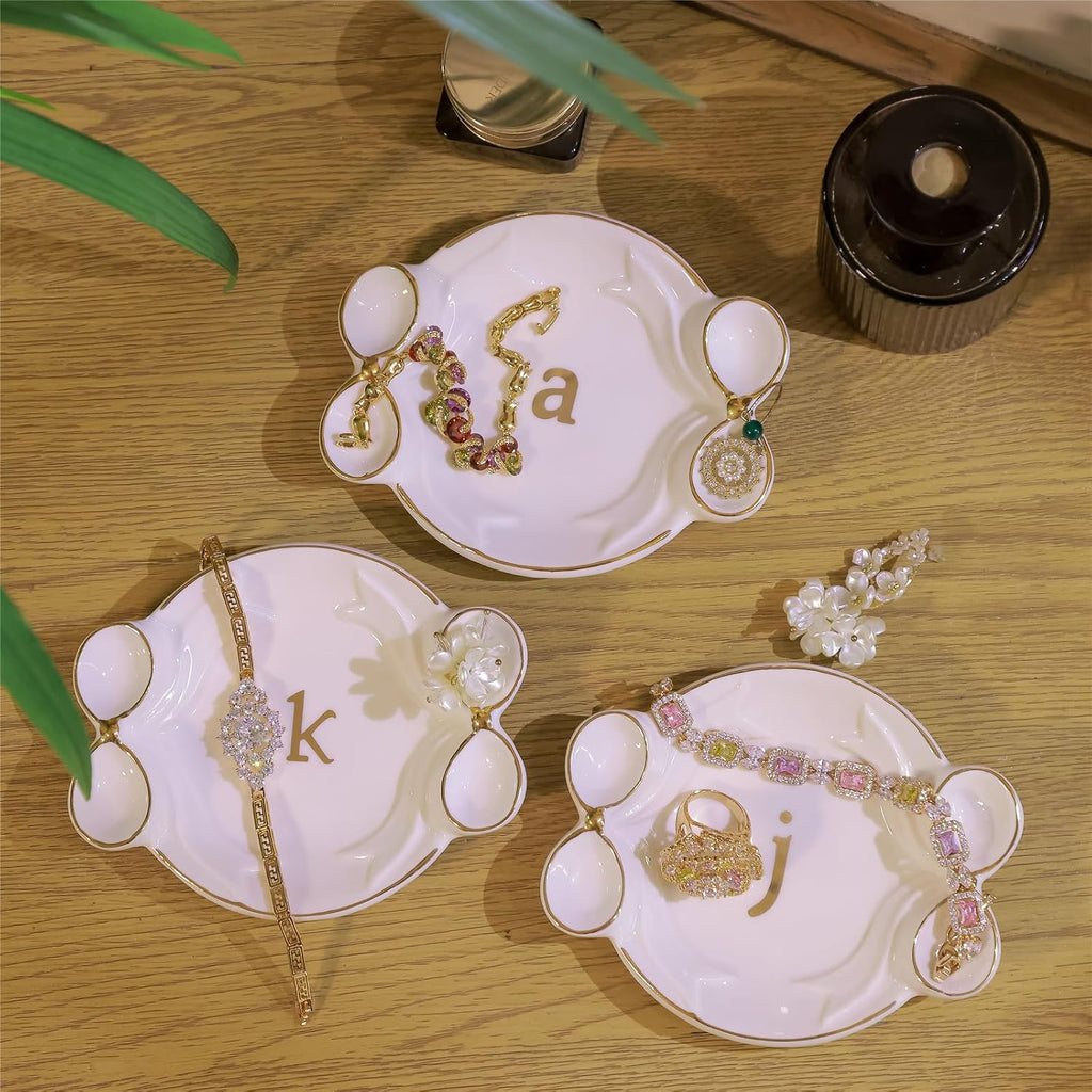 Ceramic Jewelry Tray, Exquisite Handmade Initial Ring Dish with Double Bow Design, Perfect for Organizing Rings Earrings Necklaces Keys, Gifts for Women on Birthday Mother's Day Christmas